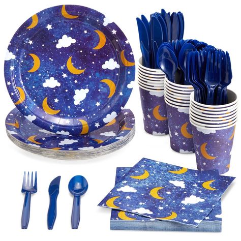 Add this 144-piece disposable dinnerware set to your next gathering or celebration! The party supplies set includes 24 plates, forks, knives, spoons, cups, and napkins. The decorative collection has clouds and moons against a starry night background. It will instantly elevate your dining and dessert tables while creating a cohesive theme throughout your event. Add these twinkle twinkle little star gender reveal plates and napkins party supplies set to any love you to the moon and back celebratio Starry Baby Shower Theme, Moon Stars Baby Shower, Baby Shower Oso, Star Gender, Baby Baker, Eclipse Party, Galaxy Birthday, Star Baby Shower Theme, Baby Shower Plates