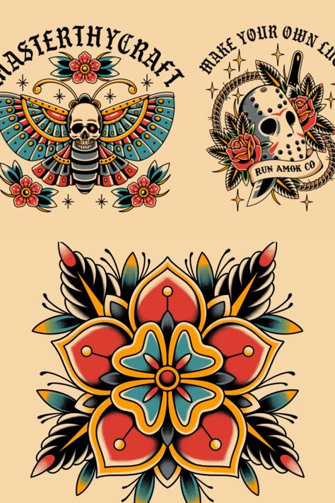 Neotraditional Tattoo Design, Basic Illustration, Traditional Tattoo Prints, Old School Tattoo Style, Tattoo Prints, Neotraditional Tattoo, Tattoo Apprenticeship, Tattoo Pictures, Flash Sheet