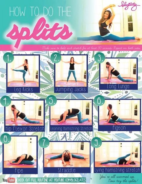 Hey guys! I made a printable for you in case you wanted to add this to your Blogilates printables collection... Cheer Stretches, Splits Stretches, Dance Stretches, Cheer Workouts, The Splits, Pop Pilates, How To Do Splits, Hip Flexor Stretch, Pilates Training