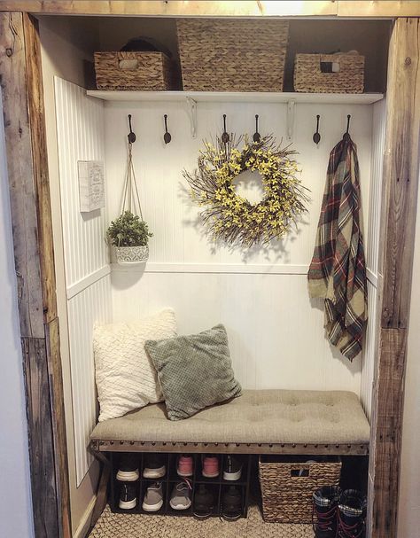 So happy with my closet nook! $60 for materials from Lowes Front Entrance Nook Ideas, Entrance Nook, Entry Closet Makeover, Entryway Nook, Closet Nook, Front Hall Closet, Entryway Decorating, Deck House, Rustic Entry