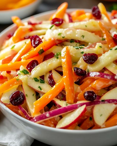 Refreshing Apple Cranberry Carrot Salad Salad Recipes Carrot, Healthy Carrot Salad Recipes, Apple And Carrot Salad, Fruit And Vegetable Salad Recipes, Creamy Apple Salad, Fruits And Vegetables Recipes, Winter Salad Recipes Healthy, Carrot Salad Recipes Easy, Best Christmas Salad Recipes