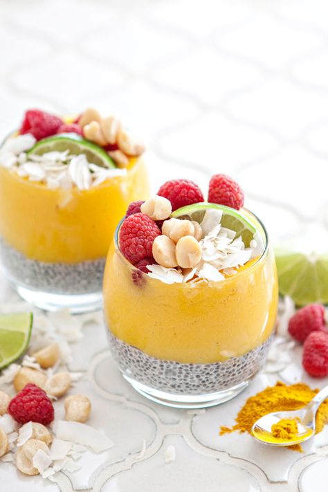 Coconut Chia Pudding Parfaits with Tropical Fruit Turmeric Puree is a delicious breakfast treat or afternoon snack featuring Coconutmilk soaked Chia layered with blended tropical fruits Dessert Parfaits, Healthy Key Lime Pie, Chocolate Chia Seed Pudding, Pudding Parfait, Chia Seed Recipes Pudding, Coconut Chia Pudding, Sweet Pies, Coconut Chia, Delicious Family Meals