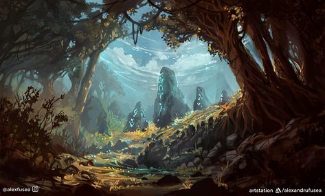 ArtStation - Enchanted Forest - Environmental Design, Alexandru Fusea Enchanted Forest Concept Art, Environment Drawing Easy, Forest Concept Art, Environmental Concept Art, Forest Concept, Environment Drawing, Rune Stones, Fantasy Forest, Environmental Design