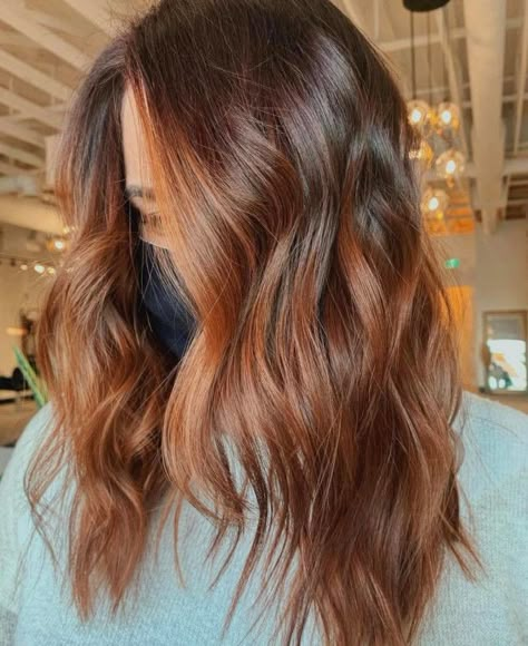 Orange Hair For Brunettes, Roasted Caramel Balayage, Coppery Brown Hair Caramel Highlights, Brown Hair With Red Highlights Caramel, Hair Color Ideas For Brunettes Auburn, Roasted Caramel Hair Color, Cinnamon Brown Hair With Money Piece, Brunette To Orange Hair, Brunette Hair With Auburn Balayage