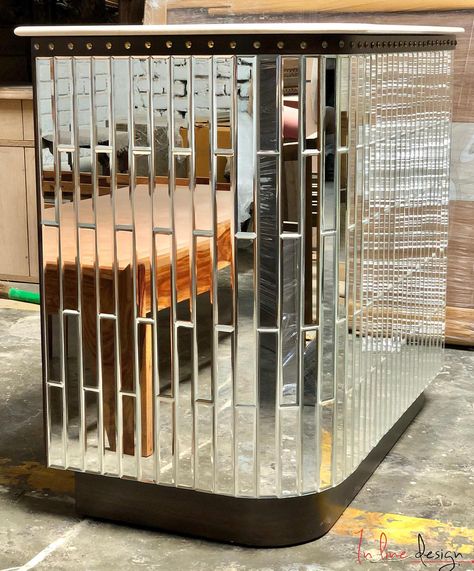 IN LINE DESIGN | Mirrored bar unit 🪩🍸 #InlineDesign #BarTable #Mirrors #Furniture #Interiors | Instagram Counter Mirror, Mirrored Bar, Bar Unit, Bar Metal, Wedding Planning Decor, Bar Mirror, Striped Table, Mirror Ball, Bar Counter