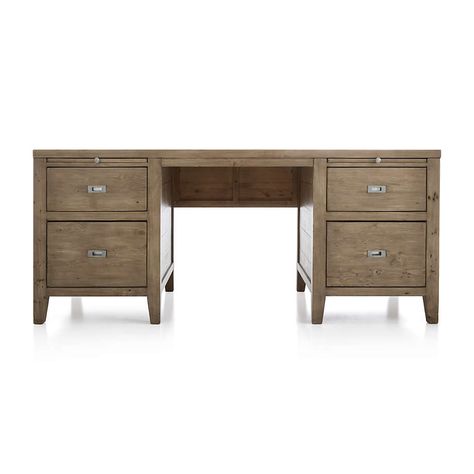 Morris Ash Grey Executive Desk + Reviews | Crate & Barrel Havenly Office, Brown Bookcase, Brown Nightstands, Modern Home Office Desk, Reclaimed Wood Desk, Brown Desk, Unique Desk, Walnut Shelves, Coffee Tray