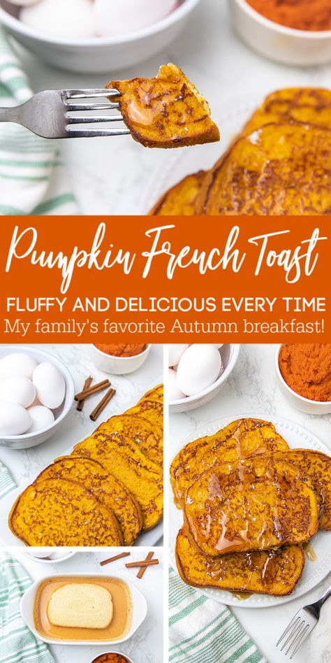 Pumpkin French Toast is going to be a game-changer for your breakfast meal. This French toast is loaded with warm cinnamon and pumpkins pie spice as well as pumpkin puree. Give this easy pumpkin spice French toast a try today! #passion4savings #pumpkin #pumpkinspice #breakfast #fall #autumn #texastoast #easy #fallflavor Easy Pumpkin French Toast, Pumpkin French Toast Recipe, Pumpkin Spice French Toast Recipe, Pumpkin Bread French Toast, Pumpkin Puree Recipes Desserts, Pumpkin Frittata, Pumpkins Pie, Breakfast Toddler, Pumpkin Pie French Toast