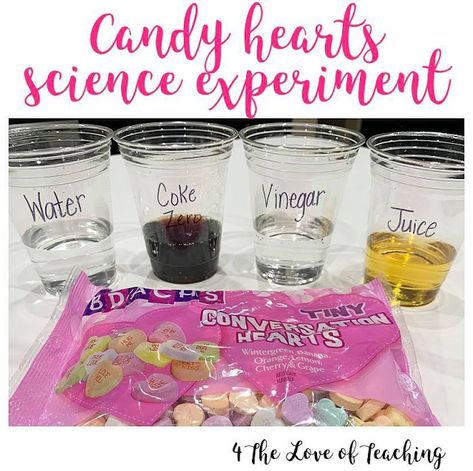 Candy Conversation Hearts Science Experiment - Valentine's STEM experiment Dancing Candy Hearts Experiment, Valentine Day Science Experiment For Kids, Love Potion Science Experiment For Kids, February Stem Activities Preschool, February Science Preschool, Candy Heart Science Preschool, Conversation Heart Experiment, Candy Heart Experiment Preschool, Conversation Heart Science Experiment