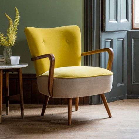 Mustard Chair, Mustard Armchair, Velvet Cocktail Chair, Cosy Reading Corner, Yellow Armchair, Retro Armchair, Thrifted Home Decor, Earthy Hues, Contemporary Armchair