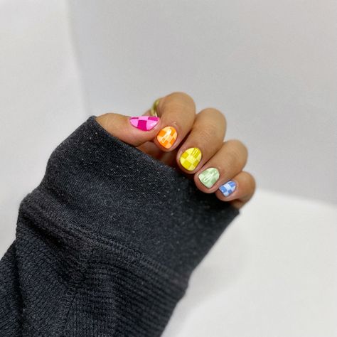 Multi Colored Checkered Nails, Neon Plaid Nails, Color Checkered Nails, Colorful Checkered Nails, Rainbow Checkered Nails, Checkered Board Nails, Checkered Print Nails, Checkered Nails Short, Nail Two Colors