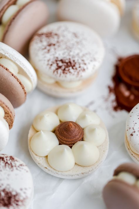 Tiramisu Filling Recipe, Macarons Filling Recipe, Gluten Free Lady Fingers, Tiramisu Macarons, Macaroons Flavors, French Macaroon Recipes, Whipped Ganache, Tiramisu Dessert, Macaron Flavors