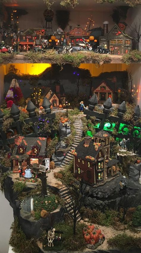 Lemax Spooky Town Display, Spookytown Display, Diy Halloween Village, Lemax Halloween Village, Spooky Town Village, Lemax Halloween, Dept 56 Halloween, Halloween Village Display, Lemax Village