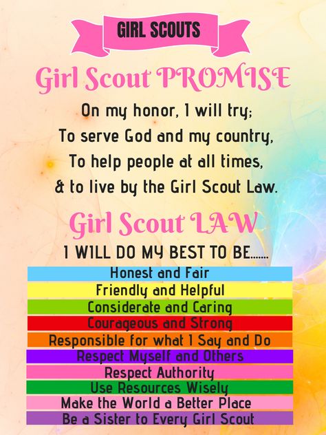 Girl Scout Law and Promise- Created this and turned it into a large poster with magnets attached Girl Scout Law And Promise, Girl Scout Promise, Girl Scout Daisy Activities, Girl Scout Law, Girl Scouts Brownies, Ohms Law, Brownie Scouts, Girl Scout Daisy, Daisy Scouts