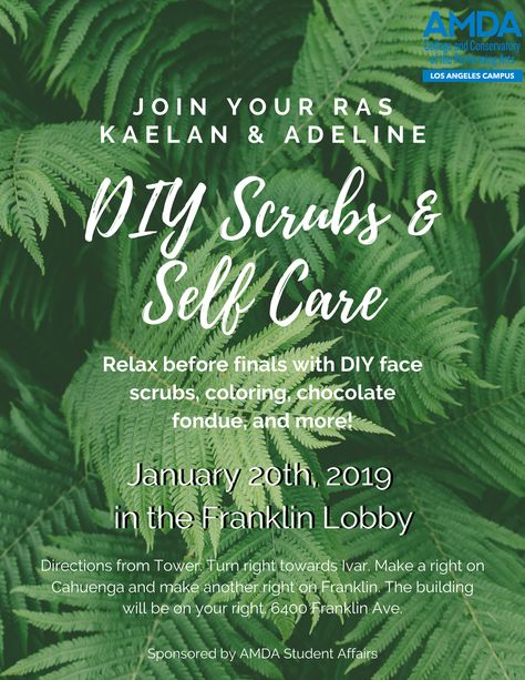 My poster for my DIY Scrubs and Self Care RA event! College Ra Programs Activities, Sorority Programming Ideas, Hall Event Ideas College, College Wellness Events, Ra Program Flyers, Campus Activities Board Events, College Activities Events Student Fun, College Ra Event Ideas, Hall Events For Ra