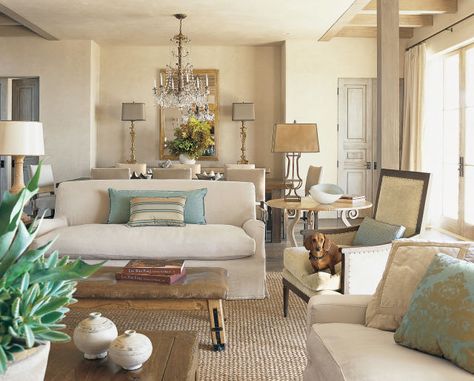 Perhaps the city most often stereotyped as a "quintessential beach town," Malibu's coastal decor incorporates stylistic influences that reach far beyond clichés of longboards and flip-flops.   For this particular home, Los Angeles-based designer Madeline Stuart combined quiet color palettes (to avoid drawing attention from the stunning outdoor views) with classic European influences.  "Taking our cues from the classic rural farmhouses of southern France, we created this residence in the spirit o Casas Coloniales, Coastal Living Rooms, Coastal Cities, Beach Cottage Style, Coastal Style, Beach House Decor, Coastal Living, Coastal Decor, Beach Decor