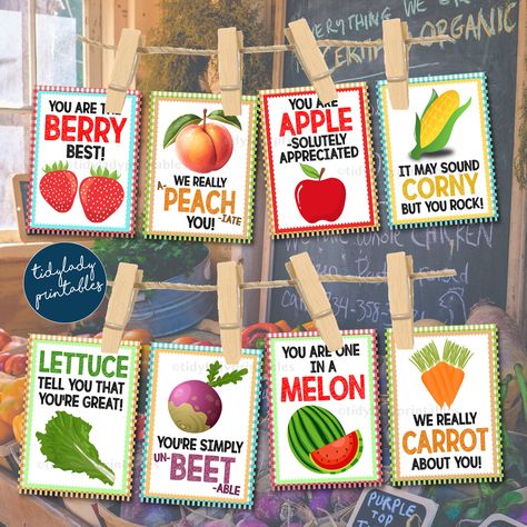 Farmers Market Theme staff and teacher appreciation banner fruit and veggie pun decor. A great way to show your gratitude during appreciation week! Printable farmers market party theme appreciation printable cards! Simply print, cut, clip with clothespins to some twine to hang up for cute and easy farmers market theme decor for your teacher and staff appreciation week! You can also print and hang up or frame these to use for other table decor - the creative options are endless! ________________________________________________ THIS IS A DIGITAL PRODUCT. NO PHYSICAL ITEM WILL BE SENT TO YOU. • Watermark will not appear on your files • This file is not editable The clothespins and any food images are not included with this listing. No physical product is mailed or shipped This product is an I Vegetable Birthday Party, Farmers Market Decorations, Farmers Market Classroom Theme, Farmers Market Party Theme, Market Party Theme, Teacher Appreciation Banner, Farmers Market Theme, Farmers Market Decor, Themed Breakfast