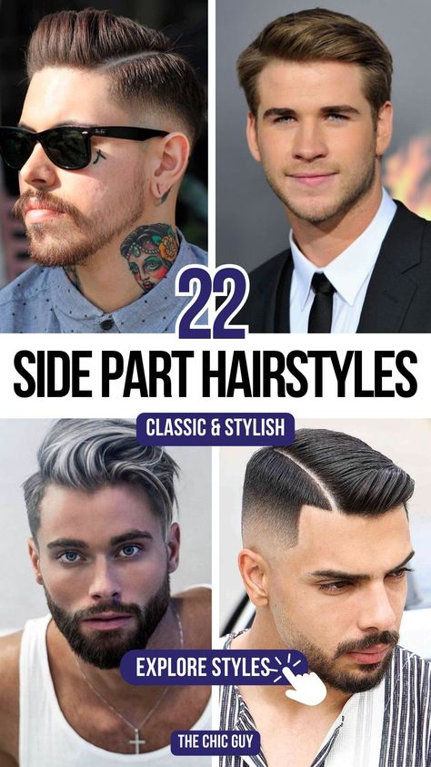 22 Stylish Side-Part Hairstyles for Men in 2024! Mens Wavy Side Part, Mens Side Part Hairstyles Medium, Side Part Pompadour Men, Side Part Fade Hairstyles Men, Men’s Side Part, One Side Hairstyle Men, Men’s Short Side Long Top Haircut, Side Haircut Men, Side Parted Short Hair Men