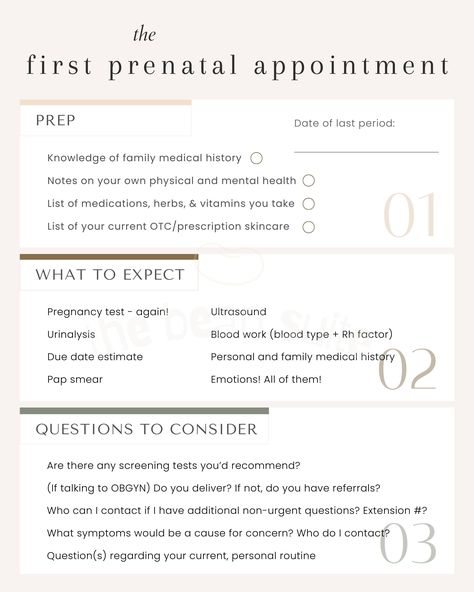 First Prenatal Appointment | Newborn | Pregnancy | Motherhood | 1 Page | 2024 | The Bean Suite | Bean Suite Sheets | Digital Download Only Just found out your pregnant? Download this sheet to help prepare for that first prenatal appointment!  About Us: We're on a mission to redefine the journey to motherhood. In an age where information feels endless, we hope to provide clarity, confidence, and peace of mind through our simple, research-supported one-sheeters. Please reach out to us if you have First Time Pregnancy Tips, Prenatal Appointment Schedule, Pregnancy To Do List, Preparing For Pregnancy, First Prenatal Appointment Questions, Prenatal Exercises First Trimester, Pregnancy Appointment Timeline, Pregnancy Preparation Timeline, Pregnancy Planning Resources