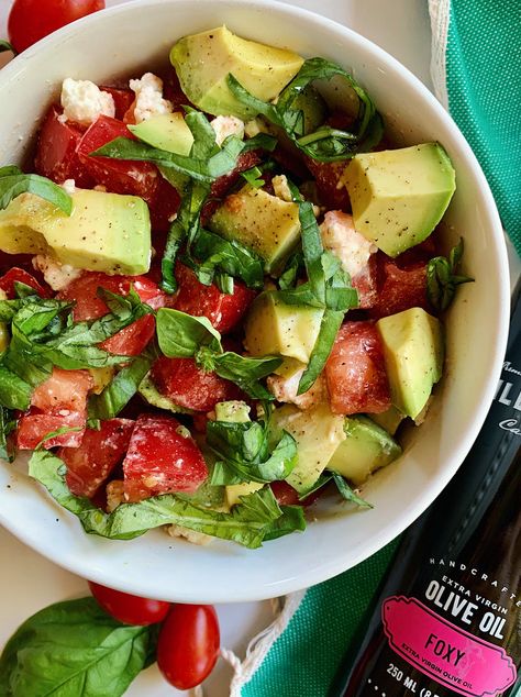 Tomato, Avocado, and Feta Salad Avocado And Feta Salad, Avocado And Tomato, Feta Salad Recipe, Tomato Avocado, Summer Side Dish, Summer Side Dishes, Avocado Tomato, Feta Salad, Light Lunch