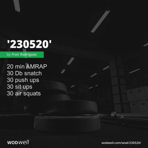 "230520" Workout, | WODwell - 20 min AMRAP; 30 Db snatch; 30 push ups; 30 sit ups; 30 air squats Excercise Bike, Amrap Workout, Firefighter Training, Crossfit At Home, Background Story, Mile High Club, Air Squats, Sit Ups, Popular Workouts