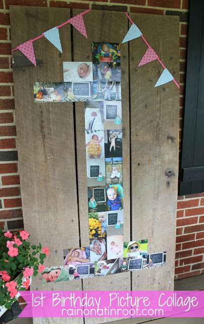 DIY Birthday Photo Collage {rainonatinroof.com} #DIY #photocollage #collage #party #birthday #barndoor #bunting Frugal Decor, Birthday Photo Collage, Birthday Collage, Pink Birthday Party, 1st Birthday Photos, Farm Birthday, Baby 1st Birthday, Party Diy, Pink Birthday