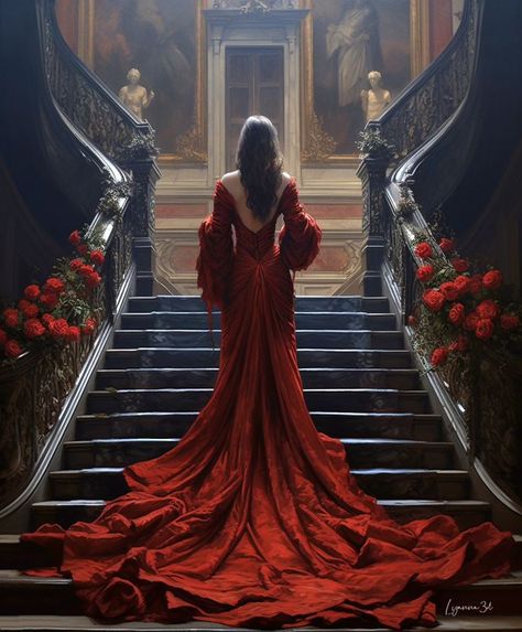 Red Dress Princess Aesthetic, Red Princess Dress Fairytale, Staircase Shoot, 30th Photoshoot Ideas For Women, Red Gown Aesthetic, Red Princess Aesthetic, Red Goddess Dress, Red Fantasy Gown, Red Ballroom Dress