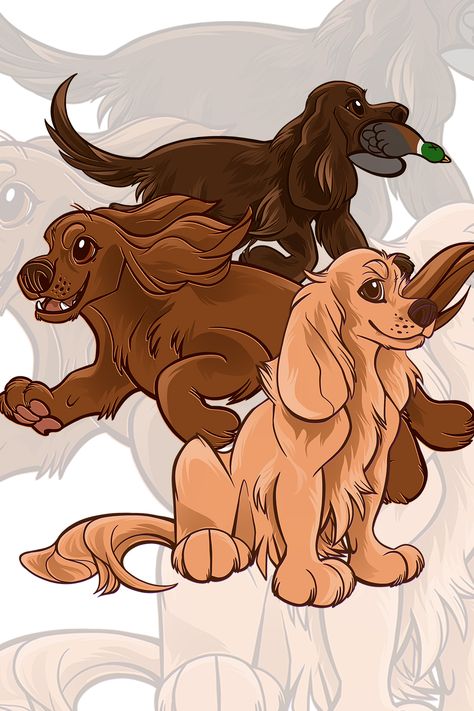 Three cute Cartoon Dog Drawings of English Cocker Spaniels. Hand Drawn Digital Illustration of Dogs. Cocker Spaniel Illustration, Cocker Spaniel Art, Pet Branding, Spaniel Art, Dog Artwork, Cocker Spaniel Dog, English Cocker, English Cocker Spaniel, Digital Illustrations