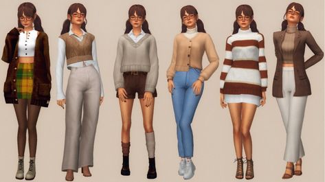 Sims 4 Cc Clothes Female Dark Academia, Sims 4 Cc College Clothes, Sims Maxis Match Cc Clothes, Sims 4 College, Bangs Glasses, Ts4 Clothes, Sweater Shorts, Skirt Boots, Pants Boots