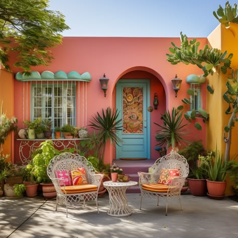 Colorful Home Exterior Paint, Mexican Colorful Houses, Eclectic Exterior House, Mexican Home Exterior, Mexican House Exterior, Colorful Exterior, Dream House Aesthetic, Hacienda Style Homes, House Flippers