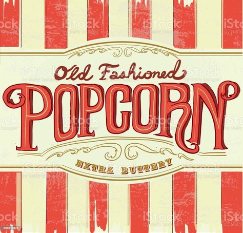 Popcorn Sign, Fresh Popcorn, Popcorn Stand, Popcorn Packaging, Letter Sign, Retro Illustration, Free Vector Art, Hand Lettered, Amusement Park