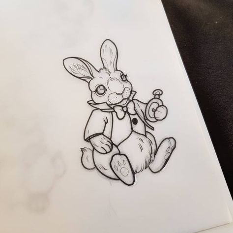 Alice In Wonderland Rabbit Tattoo, Alice In Wonderland Bunny, Cute Tattoos Small, White Rabbit Tattoo, Alice And Wonderland Tattoos, Bunny Sketches, Minimal Tattoo Ideas, Small Bunny, Dibujos Tattoo