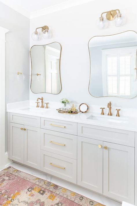 White Penny Tile Bathroom, Penny Tiles Bathroom, Mermaid Tile, Framed Windows, Teen Bathrooms, Girly Bathroom, White Countertop, Girl Bathrooms, Brass Sconces