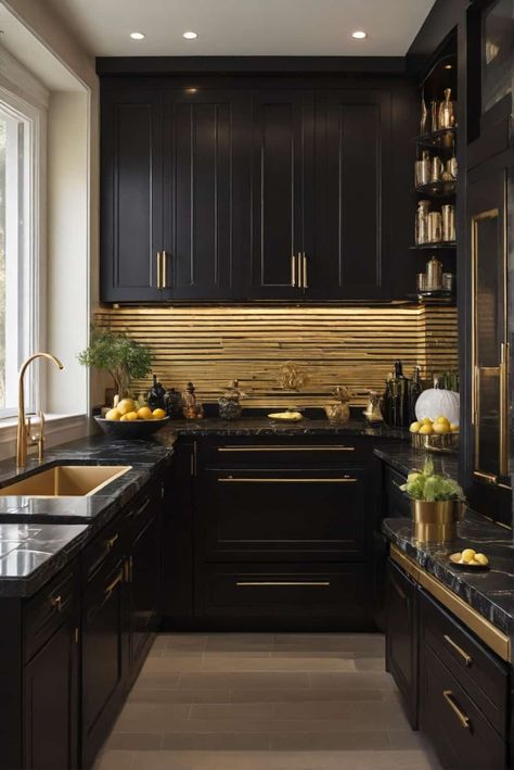 backsplash for black granite countertops with gold strips accent Backsplash With Black Granite, Backsplash For Black Granite Countertops, Upholstered Bed Ideas, Absolute Black Granite Countertops, Black Granite Countertops Kitchen, Creative Bedroom Decor, Quartz Backsplash, Absolute Black Granite, Black Granite Countertops