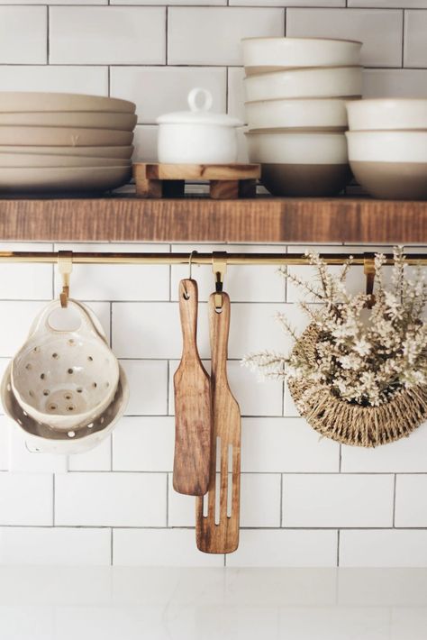 Kitchen Rod With Hooks Decor, Open Shelves Kitchen Styling, Kitchen Shelf Styling, House Styling, Kitchen Shelf Decor, Small Space Interior Design, Kitchen Mood Board, Basement Kitchen, Kitchen Refresh