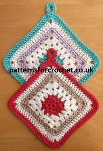 Granny square potholder pattern, made in soft cotton, can be crocheted up within the hour,  fun and useful to make.                       Yarn weight is 100% DK/Worsted cotton Hook sizes 4.0mm and 4.50mm Click here to get the crochet pattern Save Related Posts:Dahlia Mandala Square Crochet … Granny Square Potholder, Crocheted Potholders, Crochet Pot Holders Free Pattern, Crochet Potholder Patterns, Crochet Hot Pads, Crochet Phone Cases, Crochet Mobile, Potholder Patterns, Crochet Dishcloth