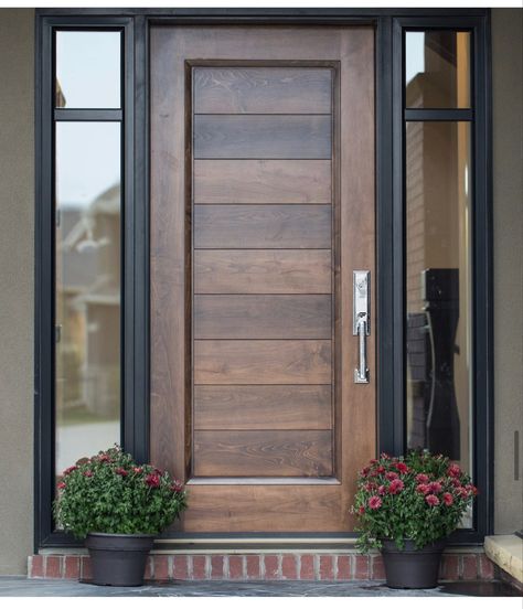 Wooden Glass Door, Door With Sidelights, Modern Doors, Beautiful Front Doors, Wooden Main Door, Wooden Main Door Design, Exterior Modern, Wood Front Doors, Farmhouse Remodel