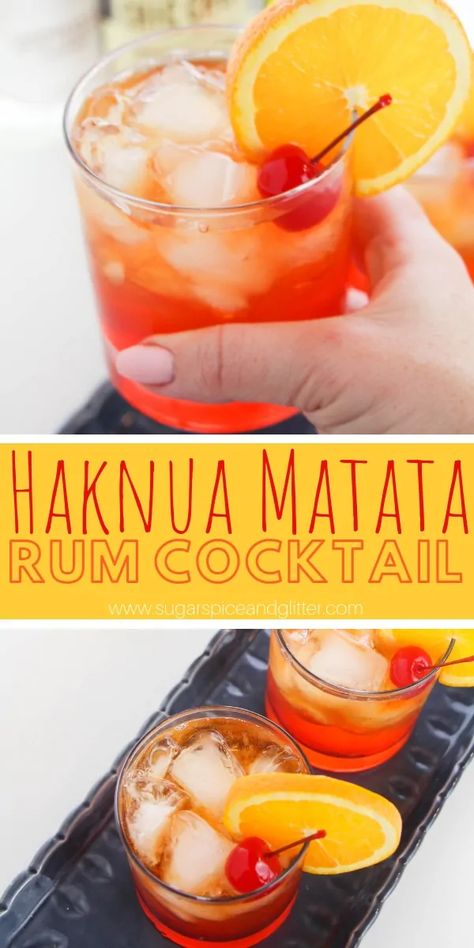 You'll have no worries after a couple of these Hakuna Matata rum cocktails - a fun Disney inspired cocktail recipe Sunset Cocktail Recipe, Disney Inspired Cocktails, Disney Cocktails, Disney Drinks, Special Drinks, Jello Shot, Drink Tags, Rum Cocktails, Rum Drinks