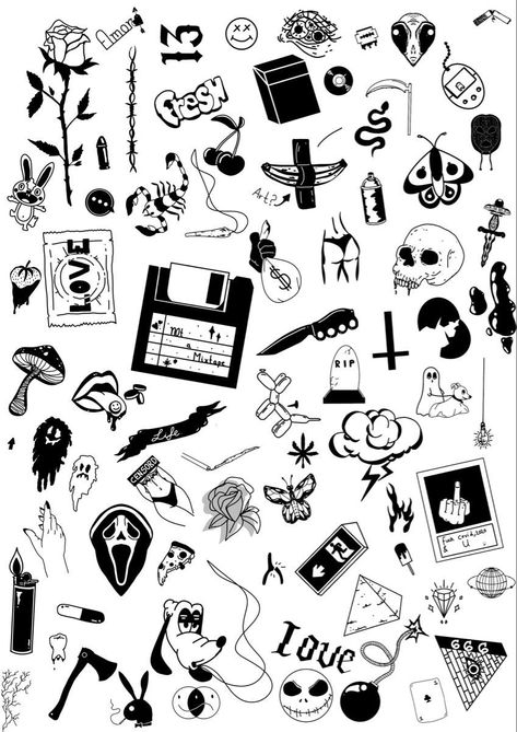 Small Art Tattoos Simple, Sticker Tattoo Ideas Men, Grunge Tattoo Ideas Drawings Simple, Small Flash Tattoo Ideas Simple, Random Thigh Tattoos, Small Edgy Tattoos Grunge, ဖန်စီ Tattoo, Knee Cap Tattoo Men, Patch Work Tattoo Men