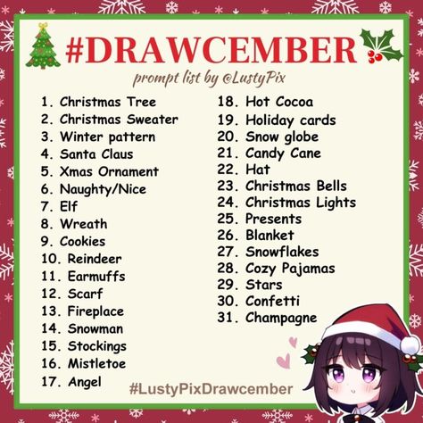 25 Days Of Christmas Drawing Challenge, December Drawing Challenge 2024, December Drawing Challenge 2023, Winter Drawing Challenge, December Art Challenge 2023, December Art Challenge 2024, Christmas Oc Challenge, December Drawing Prompts, Christmas Art Prompts