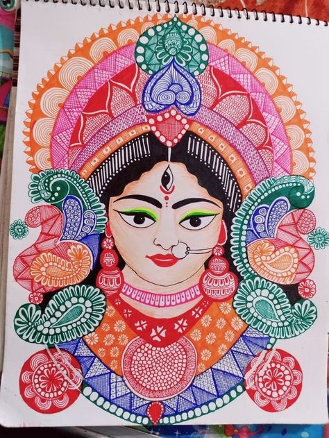 Navratri Garba Mandala Art, Ma Durga Madhubani Painting, Godess Durga Drawings, Durga Maa Mandala Art Colourful, Durga Mata Mandala Art, Ammavaru Images, Navaratri Drawings, Ma Durga Mandala Art, Durga Mata Drawing