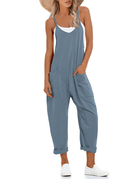 PRICES MAY VARY. Stretchy material, super soft and comfy, lightweight not see through Adjustable spaghetti straps summer jumpsuit, wide leg long harem pants overalls with two big side pockets Effortless and oversized fit, deep v neck, dropped crotch, solid color, lounge sleeveless overalls, black baggy one piece jumpsuits for women This 2024 spring summer fashion sleeveless jumpsuit is perfect for matching with t-shirts, tank tops, crop tops and sandals, heels, beach hats, and your favorite neck Jumpsuits For Women Classy Casual, Loose Jumpsuit Outfit, Linen Jumpsuit Outfit, Summer Clothing Women, Beach Overalls, 2024 Spring Summer Fashion, Jumpsuits For Women Casual, Overalls Black, Jumpsuits Casual