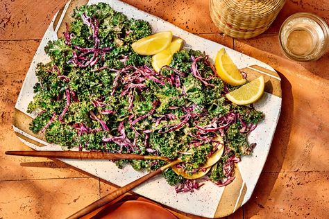 Kale Slaw with Lemon-Tahini Dressing — Real Simple Kale Slaw, Good Brain Food, Red Cabbage Salad, Lemon Tahini Dressing, Hanukkah Food, Vegetarian Cabbage, Grilled Eggplant, Healthy Grilling, Healthier Recipes