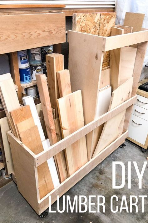 Store all your scrap wood and plywood offcuts in this handy rolling lumber cart! Get the free woodworking plans to make this DIY lumber cart for your workshop and get organized! Lumber Cart Diy, Scrap Wood Storage Ideas Diy, Diy Lumber Storage, Scrap Wood Storage, Lumber Cart, Wood Bin, Shop Cart, Wood Cart, Portable Workbench