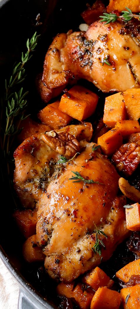 Chicken and Sweet Potatoes Skillet Chicken Thighs Sweet Potatoes, Chicken Recipes Sweet Potato, Yam And Chicken Recipes, Chicken And Sweet Potato Recipe Baked, Chicken And Yams Recipes, Chicken And Sweet Potato, Chicken And Sweet Potato Recipe, Fall Chicken Recipes, Apple Cider Pork Chops