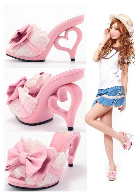 OMG adorable! Heart Heel Shoes, Pink Heels With Hearts, Gyaru Shoes, Kawaii High Heels, Hime Gyaru Shoes, Heart Heels, Pink Kawaii Heels, Tekken Girls, Pink Heart-shaped Kawaii Jewelry