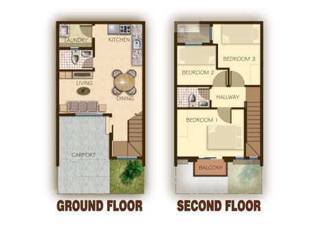 Storey Townhouse Designs | Joy Studio Design Gallery - Best Design Townhouse Floor Plan 2 Story With Garage, Townhouse Floor Plan, Studio Deco, 2 Bedroom House Design, Two Story House Design, Wooden House Design, Plan Villa, 2 Storey House Design, Modern Floor Plans