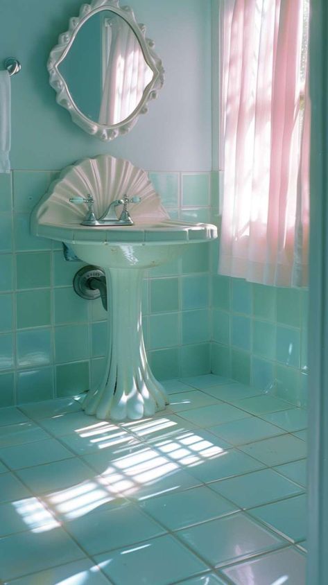 Transform Your Bathroom with 90s Retro Interior Design Bathroom Ideas Retro, Retro Bathrooms 1950s, Club Bathroom Aesthetic, Blue Vintage Bathroom, Bathroom Vintage Style, 1980s Bathroom, 1960s Bathroom, 90s Bathroom, Vintage Bathroom Ideas