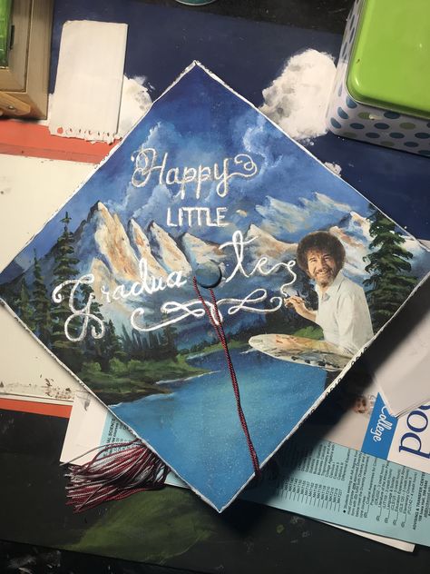 Bob Ross graduation cap for my 2018 graduation! Disney Graduation Cap, Funny Graduation Caps, Creative Graduation Caps, Disney Graduation, College Grad Cap Ideas, Graduation Cap Decoration Diy, High School Graduation Cap, College Graduation Cap Decoration, Grad Cap Designs