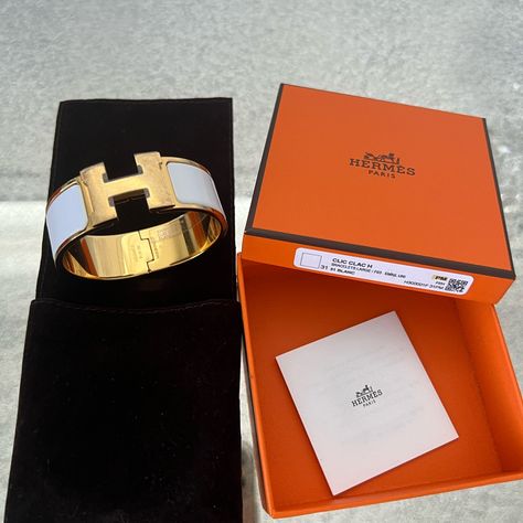 Clic Clac H Bracelet Large Color 31 Blanc Size Pm H300001f 31f Protective Stickers Intact On Front & Back Hermes Jewelry Bracelet, Hermes Bangle, H Bracelet, Hermes Bracelet, Orange Bracelet, Hermes Jewelry, Bracelet Box, Black Leather Bracelet, Enamel Bangle