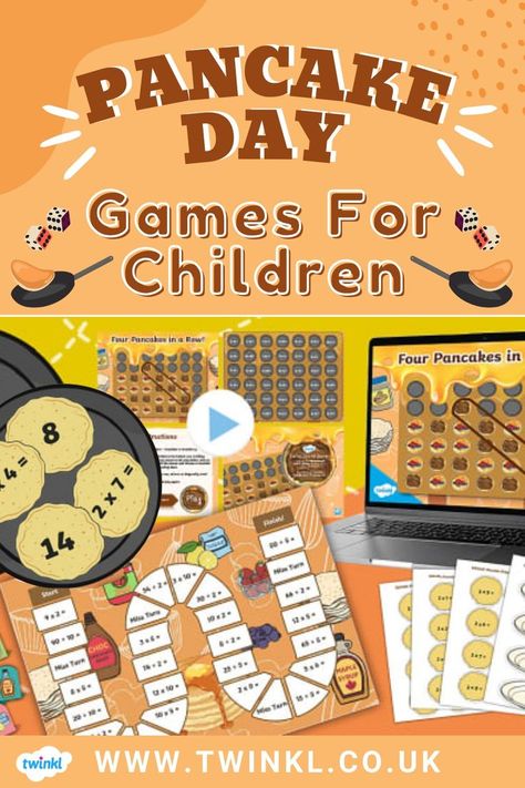 Picture of Twinkl, a teaching resource advertising, Pancake Day Games For Children Pancake Day Games, Pancake Games, Pancake Day Activities, Printable Math Games, Games For Children, Maths Games, Shrove Tuesday, Times Tables, Pancake Day